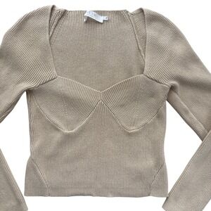 ASTR The Label Large Ribbed Knit Top Beige Long Sleeve Square Neck Cropped Shirt
